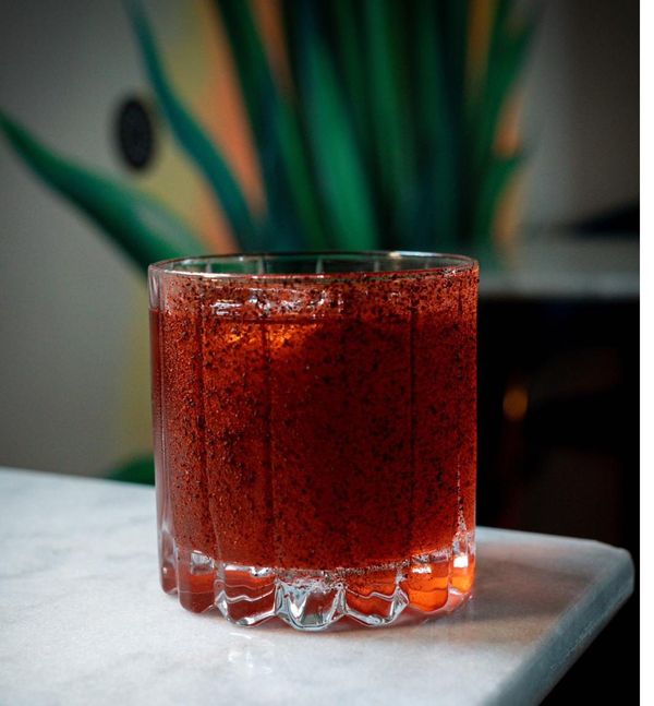 Beetroot cocktail with chili rim at Agave Cocktail Lab